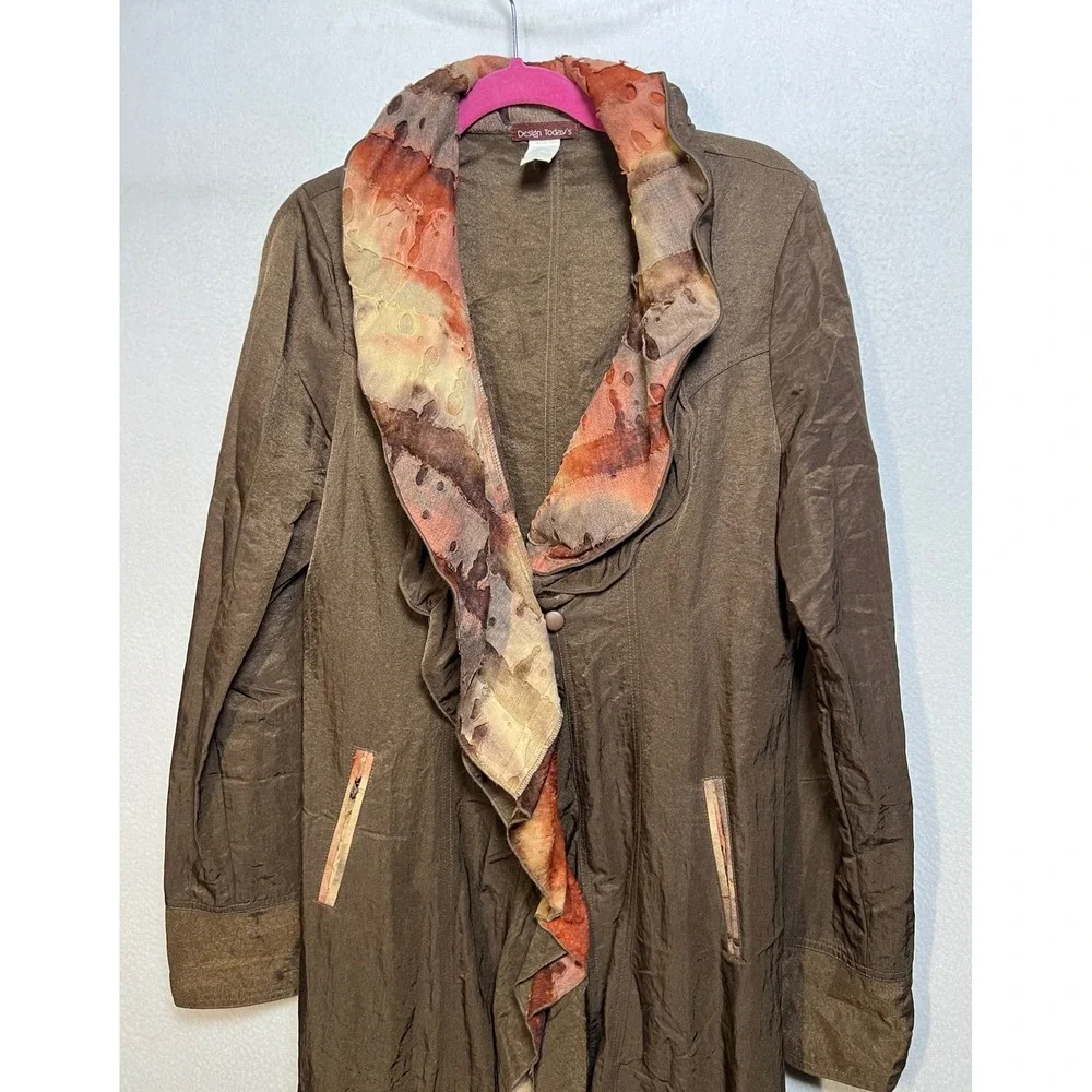 Design Todays Brown Crinkle Nylon Ruffle Duster Coat Jacket XL Art to Wear USA